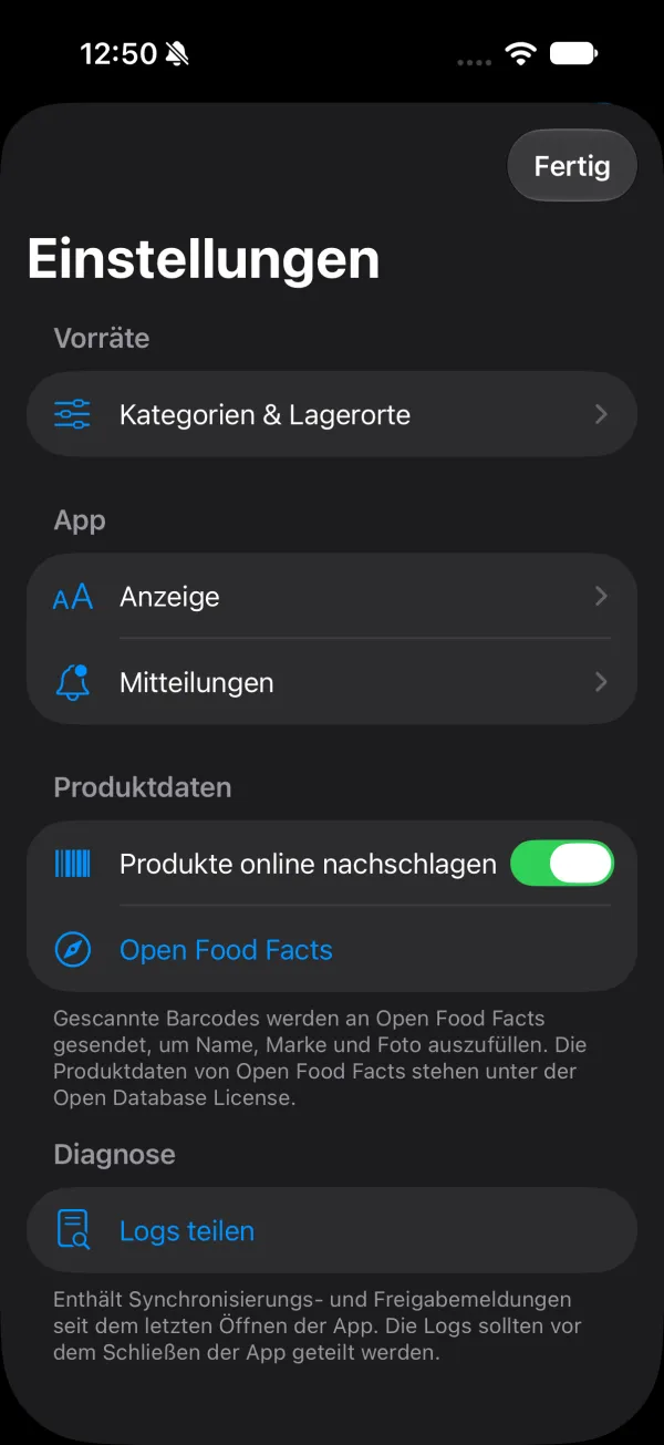 Screenshot der App-Einstellungen: Der Schalter „Produkte online nachschlagen“ für Open Food Facts ist eingeschaltet.
