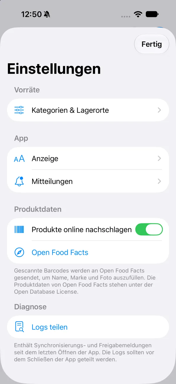 Screenshot der App-Einstellungen: Der Schalter „Produkte online nachschlagen“ für Open Food Facts ist eingeschaltet.